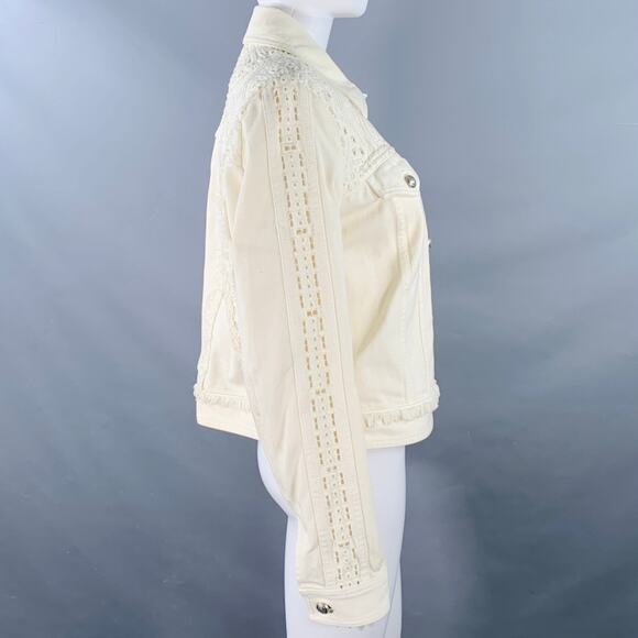 ETRO Size M Cream Eyelet Denim Fringe Trucker Jacket Blazer - Picture 3 of 10